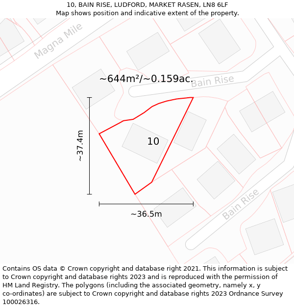 10, BAIN RISE, LUDFORD, MARKET RASEN, LN8 6LF: Plot and title map