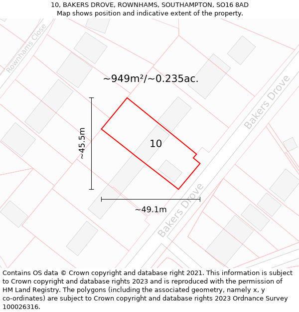 10, BAKERS DROVE, ROWNHAMS, SOUTHAMPTON, SO16 8AD: Plot and title map