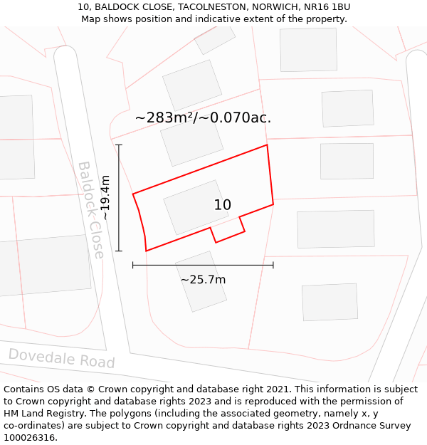 10, BALDOCK CLOSE, TACOLNESTON, NORWICH, NR16 1BU: Plot and title map