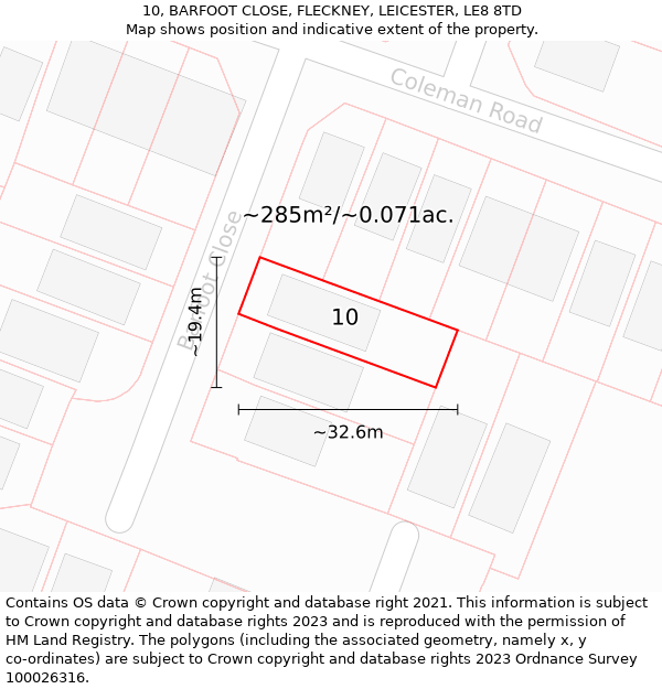 10, BARFOOT CLOSE, FLECKNEY, LEICESTER, LE8 8TD: Plot and title map