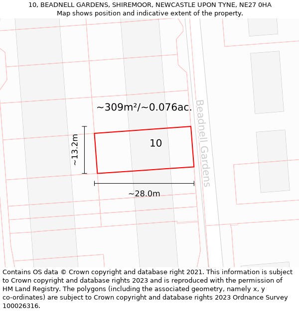 10, BEADNELL GARDENS, SHIREMOOR, NEWCASTLE UPON TYNE, NE27 0HA: Plot and title map