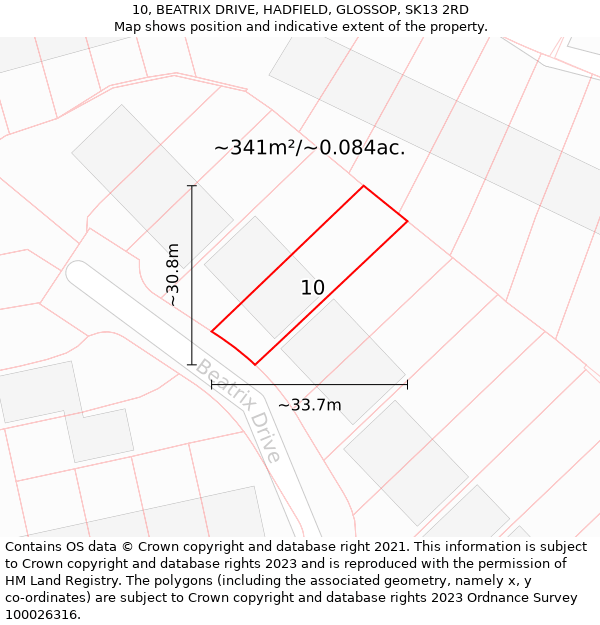 10, BEATRIX DRIVE, HADFIELD, GLOSSOP, SK13 2RD: Plot and title map