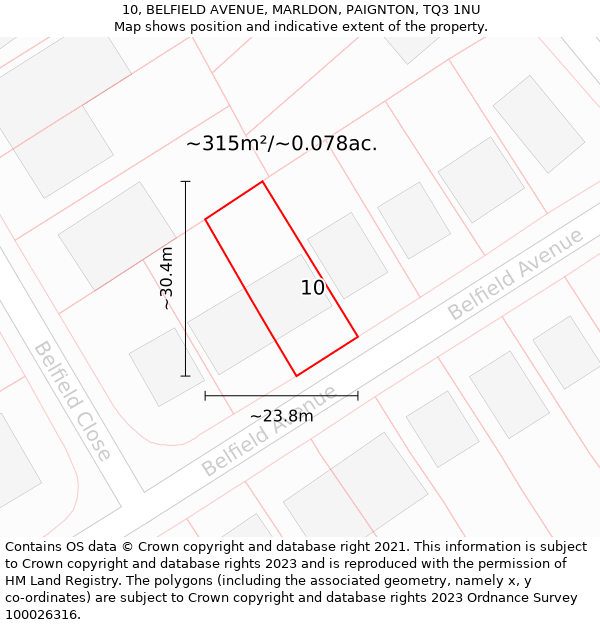 10, BELFIELD AVENUE, MARLDON, PAIGNTON, TQ3 1NU: Plot and title map