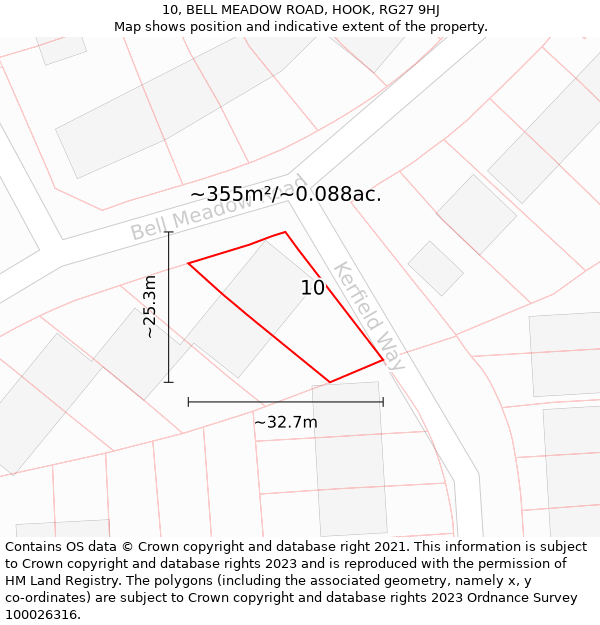 10, BELL MEADOW ROAD, HOOK, RG27 9HJ: Plot and title map