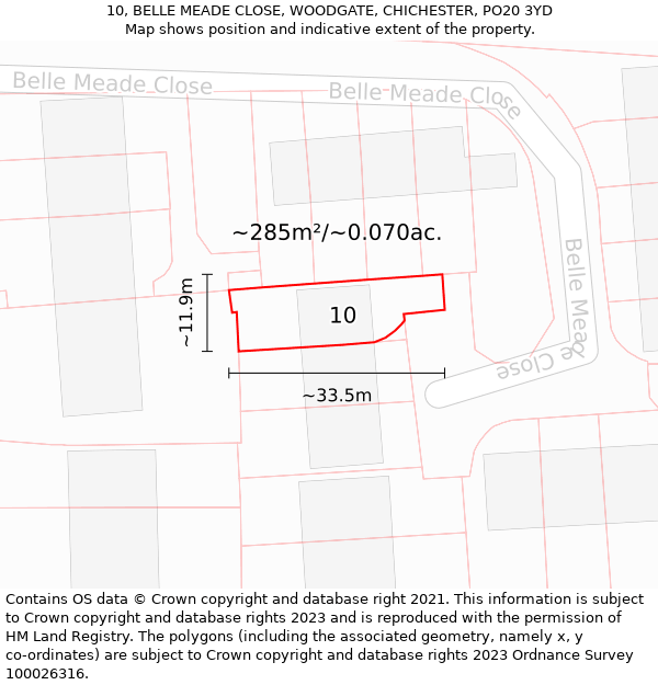 10, BELLE MEADE CLOSE, WOODGATE, CHICHESTER, PO20 3YD: Plot and title map