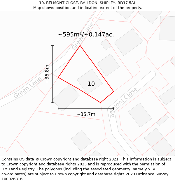 10, BELMONT CLOSE, BAILDON, SHIPLEY, BD17 5AL: Plot and title map