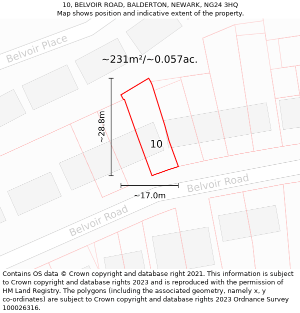 10, BELVOIR ROAD, BALDERTON, NEWARK, NG24 3HQ: Plot and title map