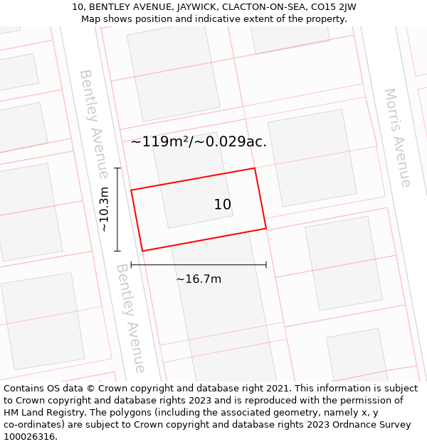 10, BENTLEY AVENUE, JAYWICK, CLACTON-ON-SEA, CO15 2JW: Plot and title map