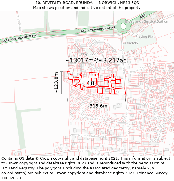 10, BEVERLEY ROAD, BRUNDALL, NORWICH, NR13 5QS: Plot and title map