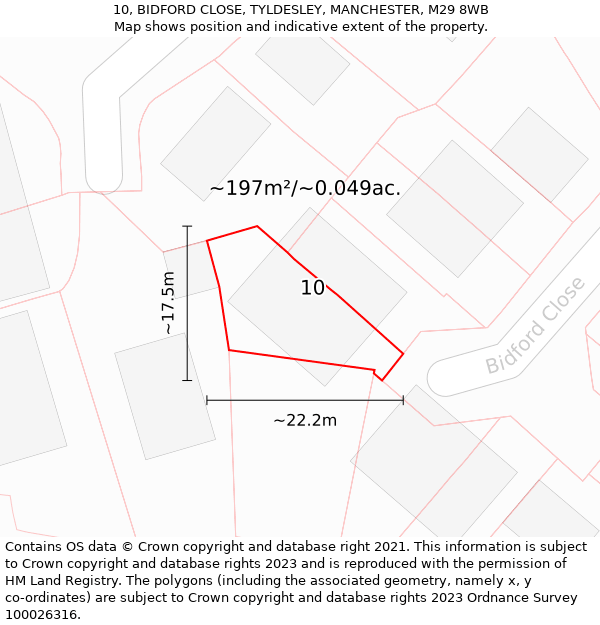 10, BIDFORD CLOSE, TYLDESLEY, MANCHESTER, M29 8WB: Plot and title map