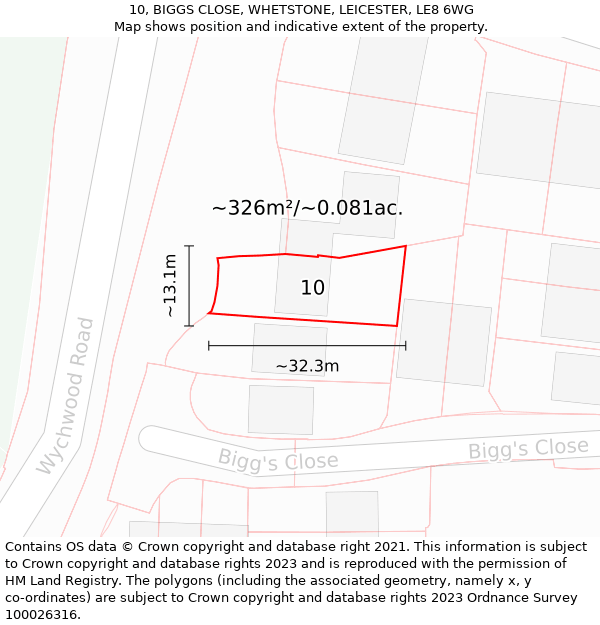 10, BIGGS CLOSE, WHETSTONE, LEICESTER, LE8 6WG: Plot and title map