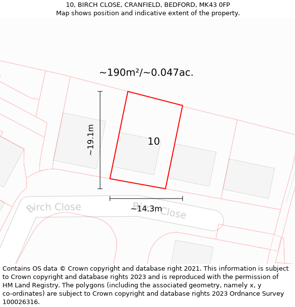 10, BIRCH CLOSE, CRANFIELD, BEDFORD, MK43 0FP: Plot and title map