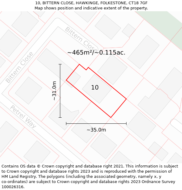 10, BITTERN CLOSE, HAWKINGE, FOLKESTONE, CT18 7GF: Plot and title map