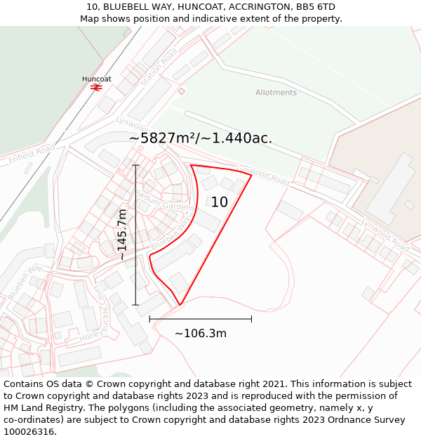 10, BLUEBELL WAY, HUNCOAT, ACCRINGTON, BB5 6TD: Plot and title map