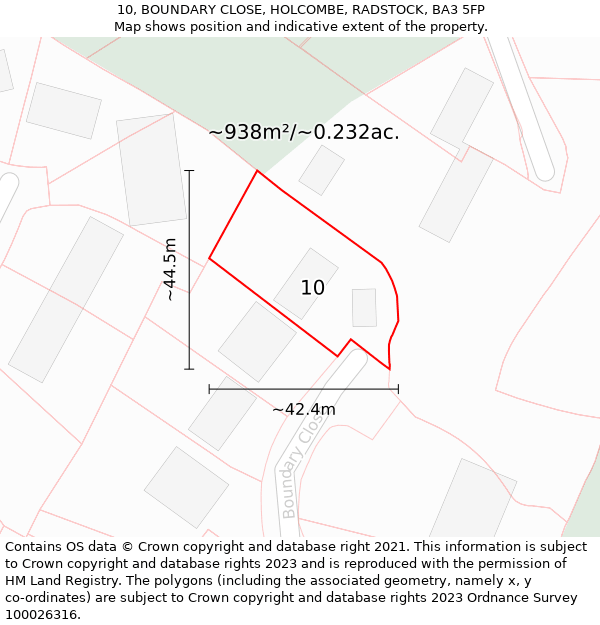 10, BOUNDARY CLOSE, HOLCOMBE, RADSTOCK, BA3 5FP: Plot and title map