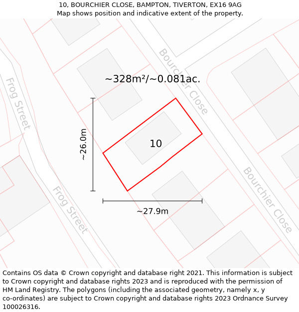 10, BOURCHIER CLOSE, BAMPTON, TIVERTON, EX16 9AG: Plot and title map