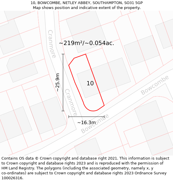 10, BOWCOMBE, NETLEY ABBEY, SOUTHAMPTON, SO31 5GP: Plot and title map