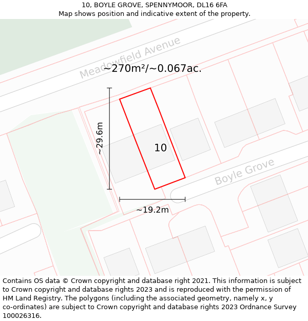 10, BOYLE GROVE, SPENNYMOOR, DL16 6FA: Plot and title map