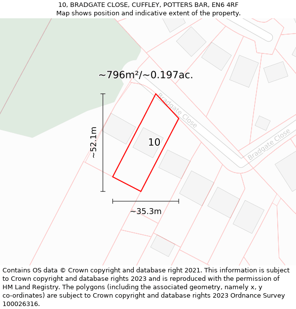 10, BRADGATE CLOSE, CUFFLEY, POTTERS BAR, EN6 4RF: Plot and title map