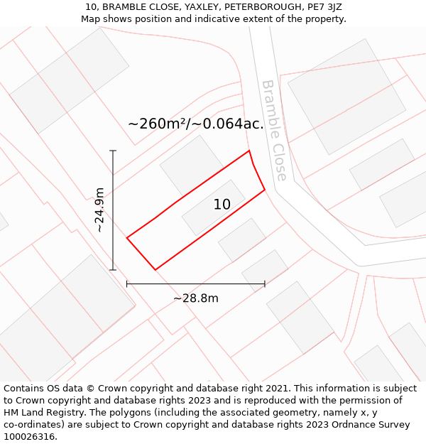 10, BRAMBLE CLOSE, YAXLEY, PETERBOROUGH, PE7 3JZ: Plot and title map