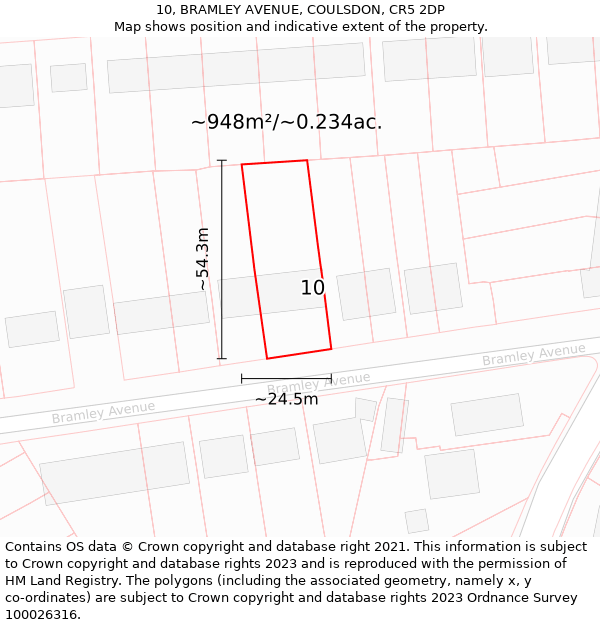 10, BRAMLEY AVENUE, COULSDON, CR5 2DP: Plot and title map