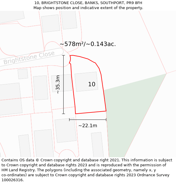 10, BRIGHTSTONE CLOSE, BANKS, SOUTHPORT, PR9 8FH: Plot and title map