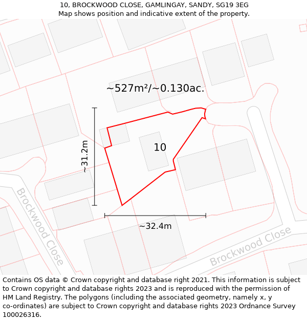 10, BROCKWOOD CLOSE, GAMLINGAY, SANDY, SG19 3EG: Plot and title map