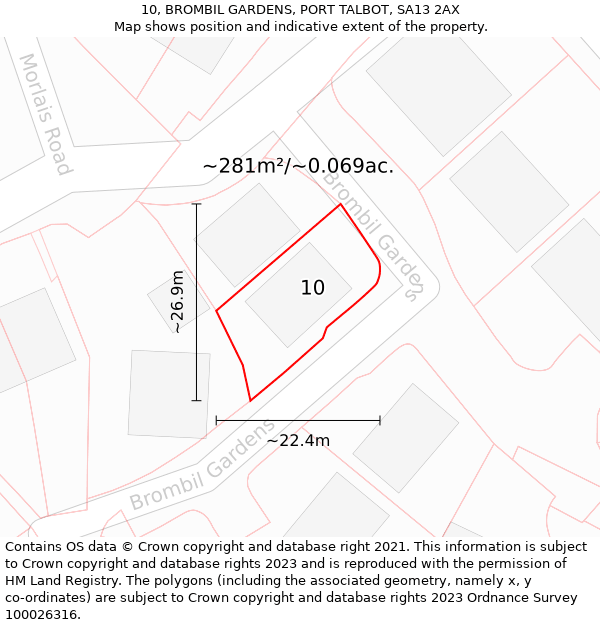 10, BROMBIL GARDENS, PORT TALBOT, SA13 2AX: Plot and title map