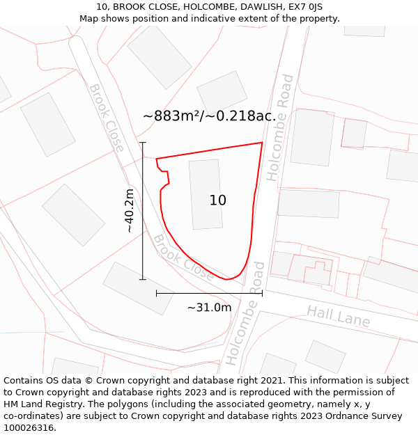 10, BROOK CLOSE, HOLCOMBE, DAWLISH, EX7 0JS: Plot and title map