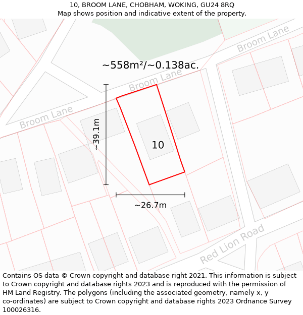 10, BROOM LANE, CHOBHAM, WOKING, GU24 8RQ: Plot and title map