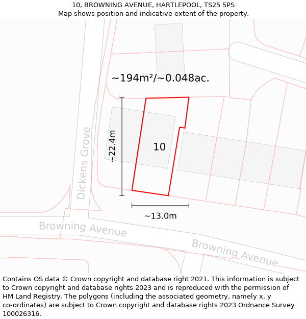 10, BROWNING AVENUE, HARTLEPOOL, TS25 5PS: Plot and title map