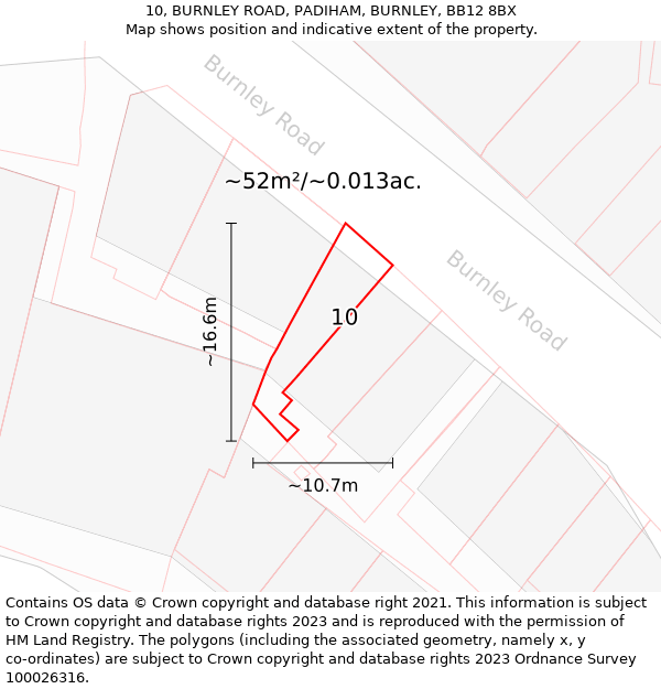 10, BURNLEY ROAD, PADIHAM, BURNLEY, BB12 8BX: Plot and title map