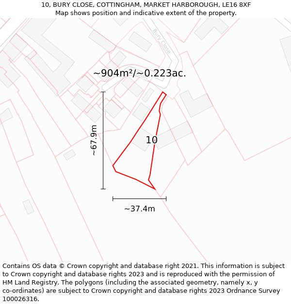 10, BURY CLOSE, COTTINGHAM, MARKET HARBOROUGH, LE16 8XF: Plot and title map