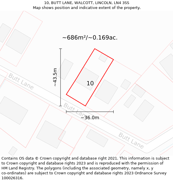 10, BUTT LANE, WALCOTT, LINCOLN, LN4 3SS: Plot and title map