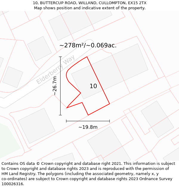 10, BUTTERCUP ROAD, WILLAND, CULLOMPTON, EX15 2TX: Plot and title map