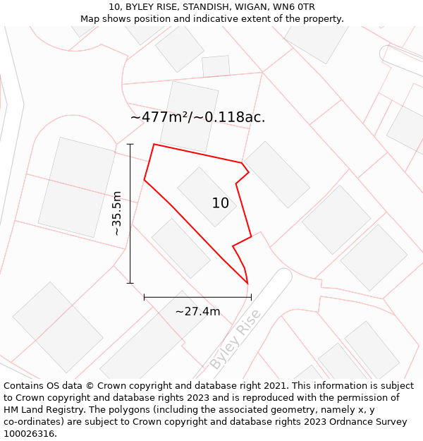 10, BYLEY RISE, STANDISH, WIGAN, WN6 0TR: Plot and title map