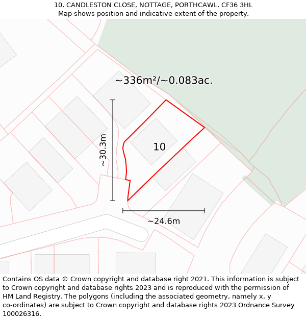 10, CANDLESTON CLOSE, NOTTAGE, PORTHCAWL, CF36 3HL: Plot and title map