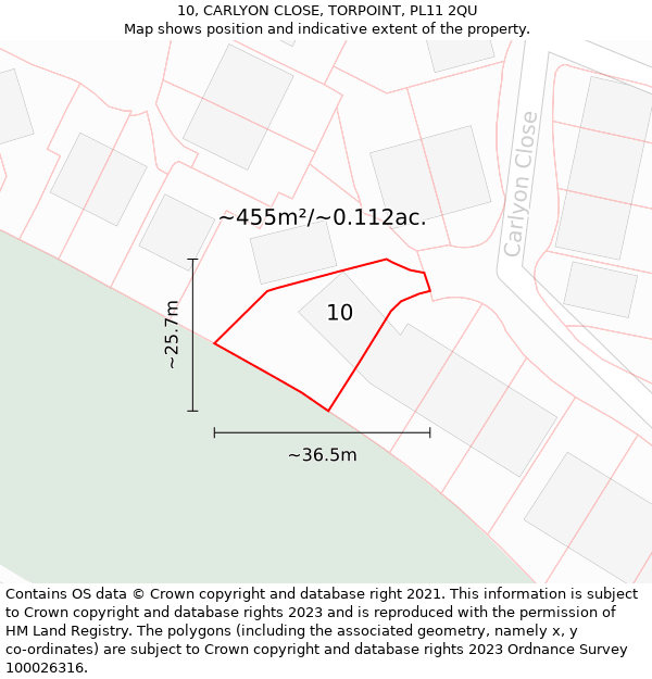 10, CARLYON CLOSE, TORPOINT, PL11 2QU: Plot and title map