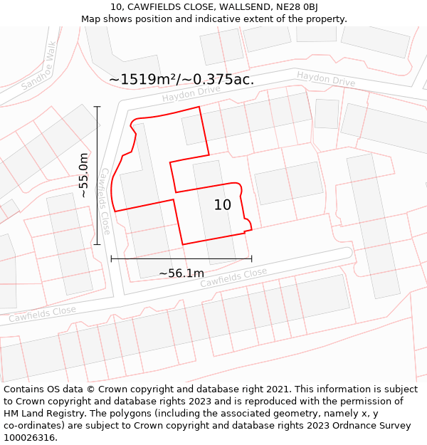 10, CAWFIELDS CLOSE, WALLSEND, NE28 0BJ: Plot and title map