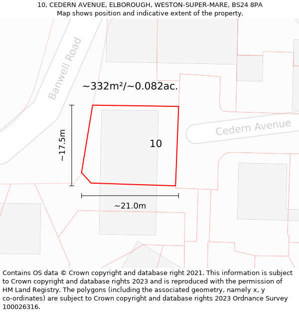 10, CEDERN AVENUE, ELBOROUGH, WESTON-SUPER-MARE, BS24 8PA: Plot and title map