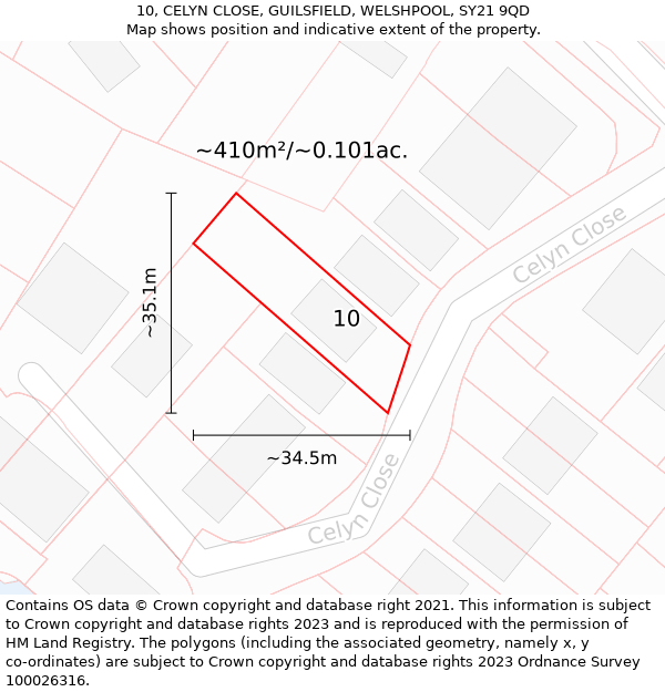 10, CELYN CLOSE, GUILSFIELD, WELSHPOOL, SY21 9QD: Plot and title map