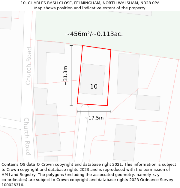 10, CHARLES RASH CLOSE, FELMINGHAM, NORTH WALSHAM, NR28 0PA: Plot and title map