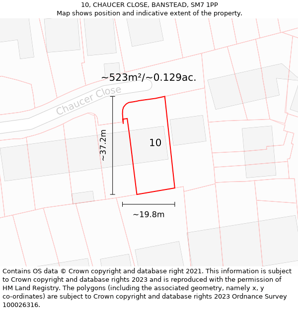 10, CHAUCER CLOSE, BANSTEAD, SM7 1PP: Plot and title map
