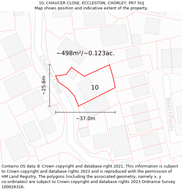 10, CHAUCER CLOSE, ECCLESTON, CHORLEY, PR7 5UJ: Plot and title map