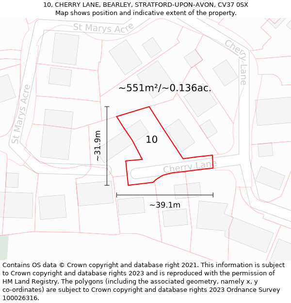 10, CHERRY LANE, BEARLEY, STRATFORD-UPON-AVON, CV37 0SX: Plot and title map