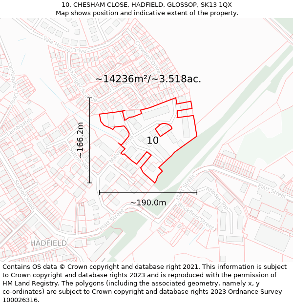 10, CHESHAM CLOSE, HADFIELD, GLOSSOP, SK13 1QX: Plot and title map