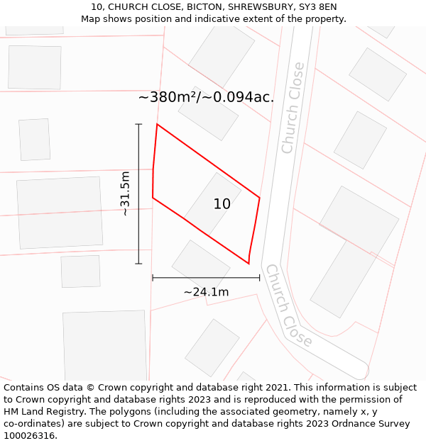 10, CHURCH CLOSE, BICTON, SHREWSBURY, SY3 8EN: Plot and title map