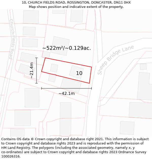 10, CHURCH FIELDS ROAD, ROSSINGTON, DONCASTER, DN11 0HX: Plot and title map