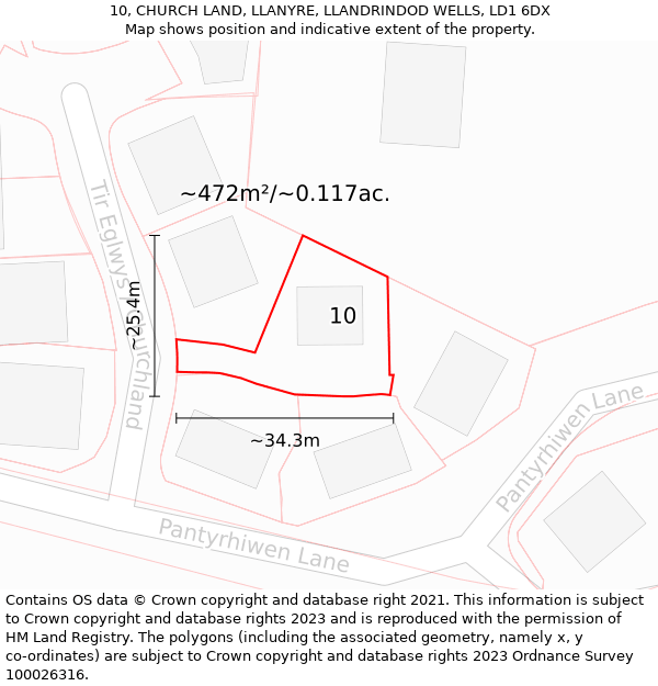 10, CHURCH LAND, LLANYRE, LLANDRINDOD WELLS, LD1 6DX: Plot and title map