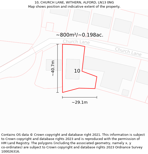 10, CHURCH LANE, WITHERN, ALFORD, LN13 0NG: Plot and title map